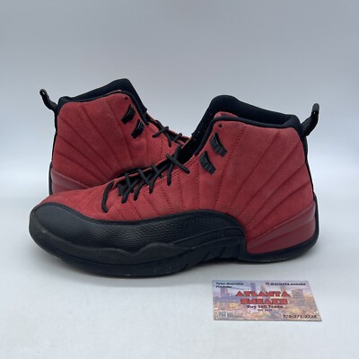 Size 10 Jordan 12 Retro Reverse Flu Game Red Suede Black Leather  (CT8013-602) 194498097823|