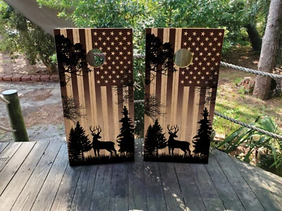 FADEPROOF Cornhole Board Wraps Laminated / Iconic Forest Deer USA Flag / - Image 1 of 4