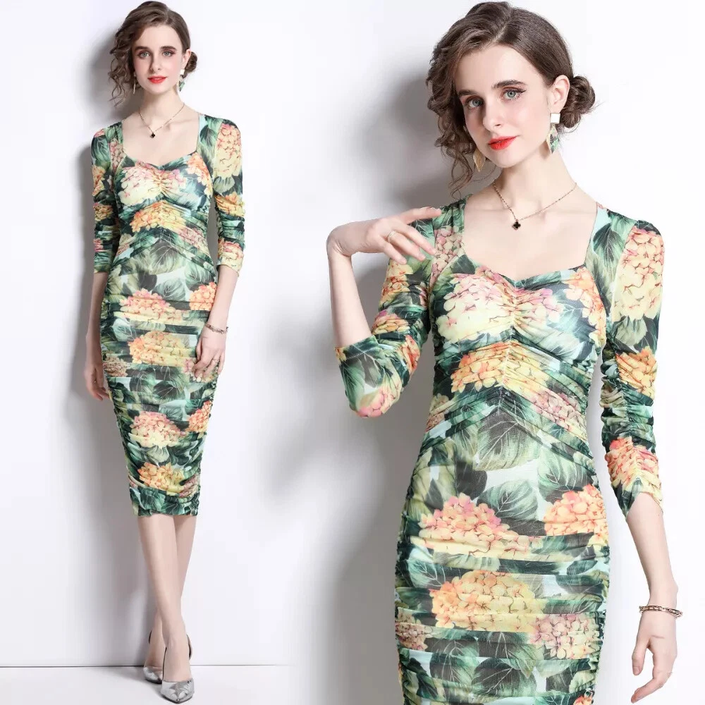 Tubino vestito abito donna elegante al ginocchio scollato verde