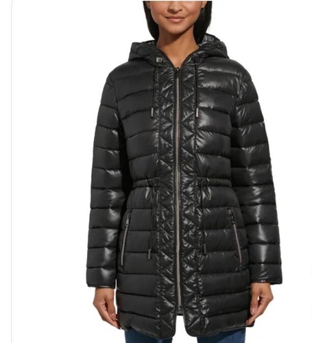 Kenneth Cole Women's Quilted Anorak Hooded Parka Puffer Coat Jacket, Black, XL