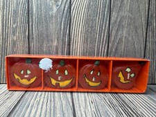 Vtg Set Of 4 Pumpkin Halloween Tea Light Cand...