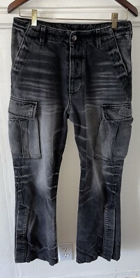 $995 Amiri M65 Grey Black Denim Snap Flare Leg Cargo Pocket Jeans