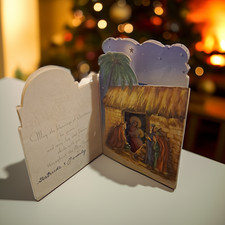 Christmas Card Vintage Bethlehem Scene Fold Out Stand Up Die Cut Wise Men Palm