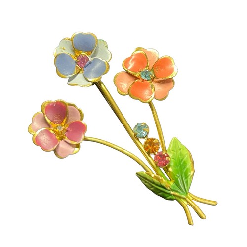 Vintage signierte Austria Emaille Strass Blume Spray Brosche Anstecknadel Blumenstrauß goldfarben