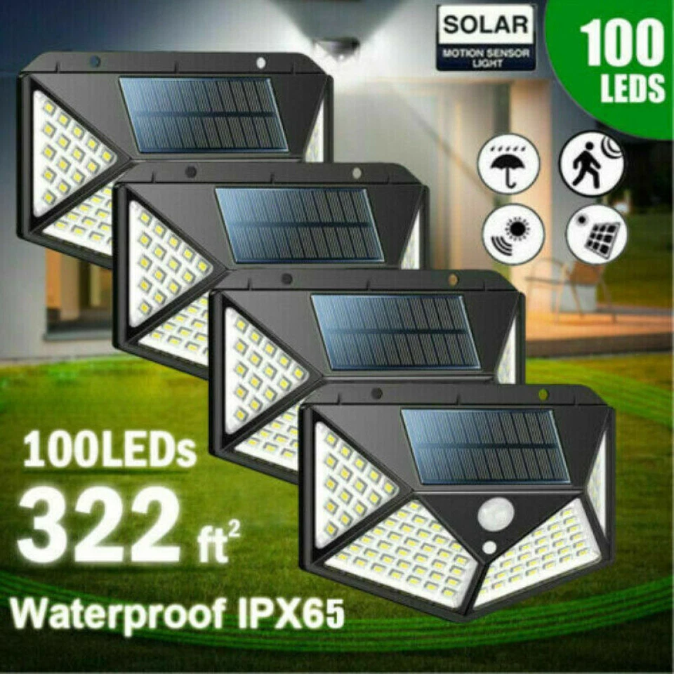 100 LED Solar Power PIR Motion Sensor Lights Wall Lamp Outdoor Garden Security - Image 2 of 4