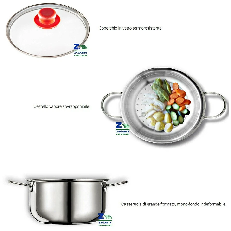 CASSERUOLA VAPORIERA CM 26 CON CESTELLO SOVRAPPONIBILE COPERCHIO IN VETRO - Immagine 3 di 3