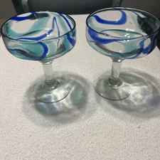 Cobalt Blue & Green Swirl Hand Blown Glass Margarita Glass 6⅞" Tall set of 2 B5
