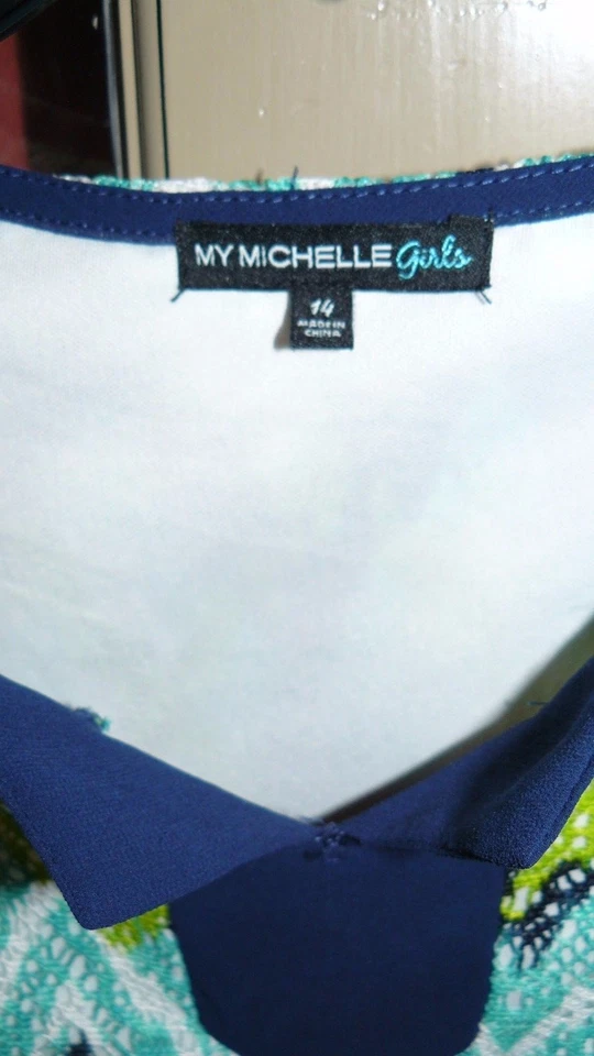 Vestido My Michelle Niñas Talla 14, Encaje Azul y Verde, Sobre Gasa Blanca Foto 2 de 2