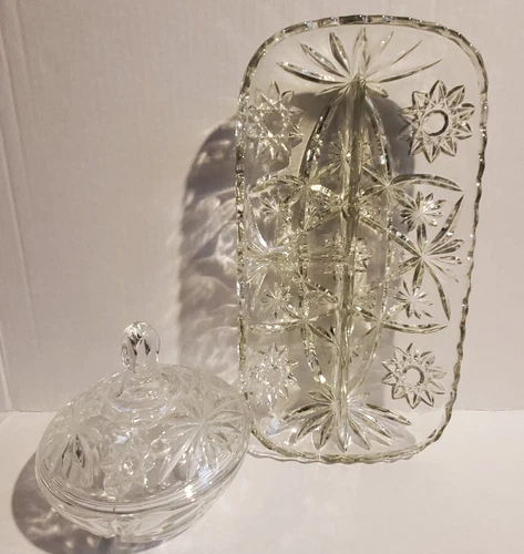 Vintage Glass 3 Pc Set Covered Candy Dish & Star Of David Divided Tray | Hocking