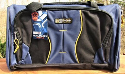 Trailmaker canvas duffel bag, blue and black, measures 24'' X 12X 11 1/2.