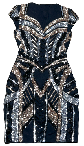 EXPRESS BLACK GOLD SILVER DECO SEQUIN EMBELLISHED CAP SLEEVE SHEATH DRESS XXS - Picture 2 of 8