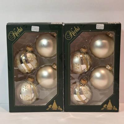 8 Krebs Glass Ornaments: 4 Bright Silver Gold Swirls Snowflakes & 4 Matte Gold