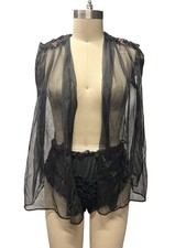 Lingerie 2pc Vtg Sheer CHIFFON Black Ruffle Roses NYLON PANTY Set Sz M