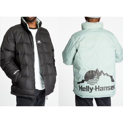 Helly Hansen Reversible Puffer Jacket Black Sage Green Mountain Graphic Mens XL