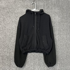 Alo Women  S Black Fleece Full Zip Cropped Bomber Hoodie Athletic Size Medium