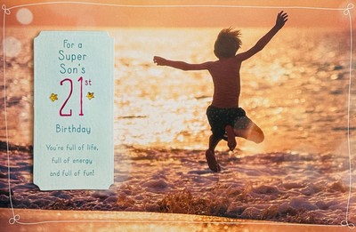 Karte Sohn Happy 21. Geburtstag besondere Worte stolz neugierig clever Sonnenuntergang Strand Alter