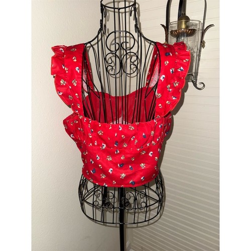 Prinzessin Polly Damen Blumen Crop Top rot M 8 Rüschen Prärie Milchmädchen Cottagecore - Bild 3 von 12