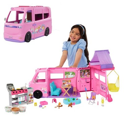 Barbie Super Abenteuer-Camper Spielset mit Dachzelt Hängesessel Grill 60 Zubehör