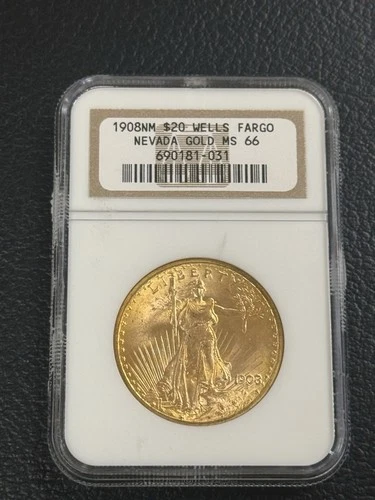 1908 $20 Saint Gaudens Gold Double Eagle Wells Fargo No Motto MS66 NGC