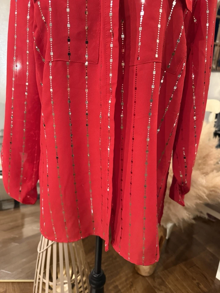 Women’s Red With Sparkle Long Sleeve Button Down Blouse Perfect 4 Holiday - Image 3 of 4