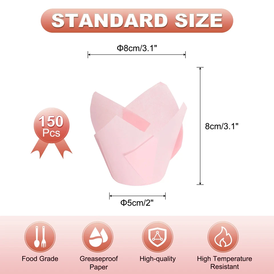 150stk Tulpen Backförmchen Cupcake Muffins Liner Papier Wrapper (3,1x2", Pink) - Bild 2 von 4