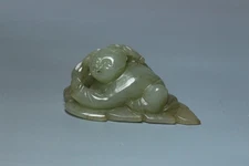 Chinese Antique Old Hetian Jade Hand-Carved Ruyi Boy leaves  Figurines