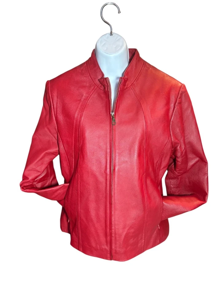 Womens Red Leather Zip-Up Jacket KC Collections M Size - Image 4 of 4