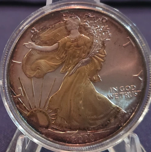 2000 Walking Liberty Dollar Silver Coin with Rose and Yellow Gold.  Coin Olny!