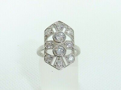 Ladies  Art Deco Design Solid Sterling 925 Fine Silver White Sapphire Panel Ring