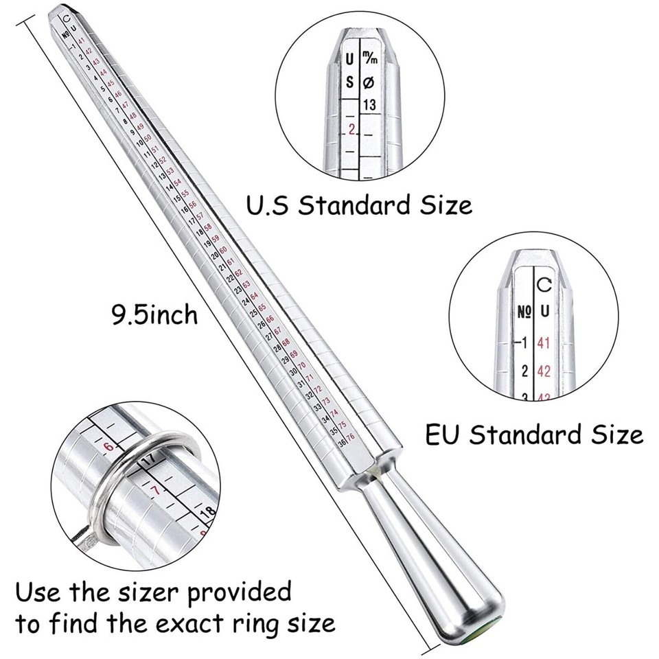 Metal Ring Sizer Gauge Mandrel - Finger Sizing Measure Stick Tool, Silver Aluminum