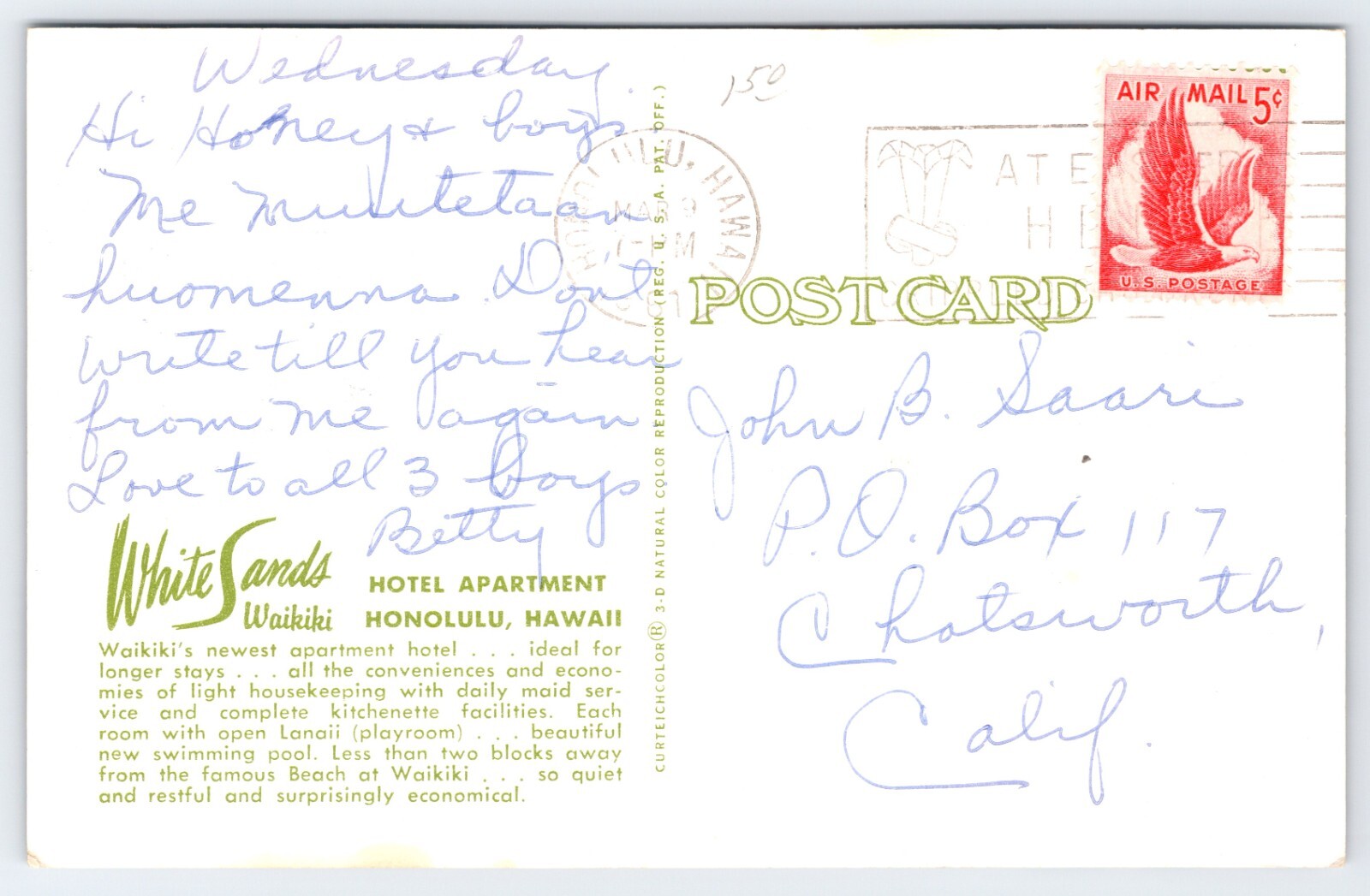 Postcard  Honolulu, Hawaii, White Sands, Waikiki, Hotel Apartment, Pool A5118