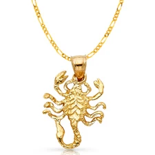 14K Yellow Gold Scorpion Charm Pendant with 3.1mm Figaro 3+1 Chain Necklace