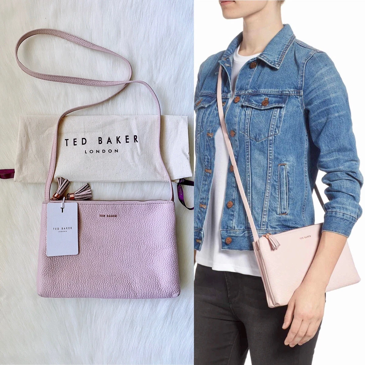 New TED BAKER LONDON Macey Double Zip Leather Crossbody Bag Pale Pink 179