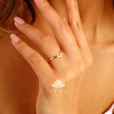 14K Gold V Ring, Chevron Ring, Curved Plain Wedding Minimal Engagement Ring