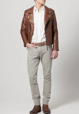 New Men Leather Biker Genuine Leather Brown Motorcycle Jacket XS-2XL FB230