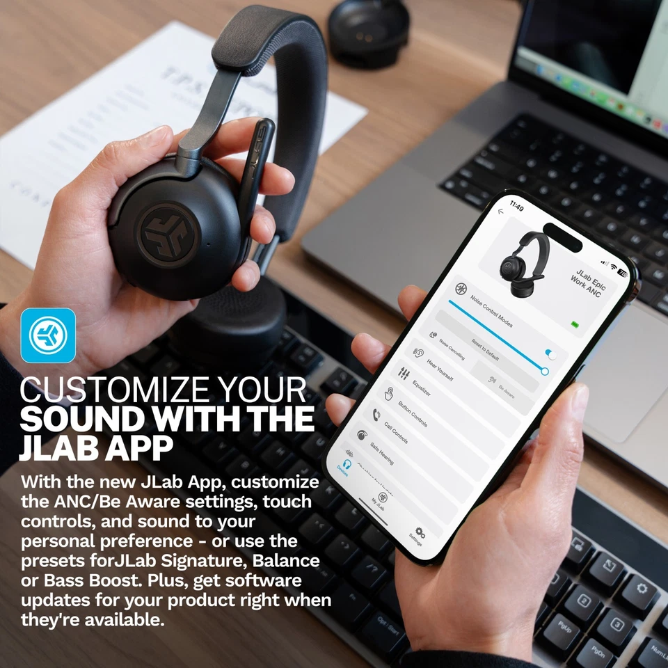 JLab Epic Work 无线耳麦,主动降噪,充电集线器,90 小时以上 — 第 4/4 张图片