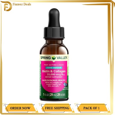 Spring Valley Biotin & Collagen Liquid, Natural Berry, 15000 Mcg, 1 fl oz
