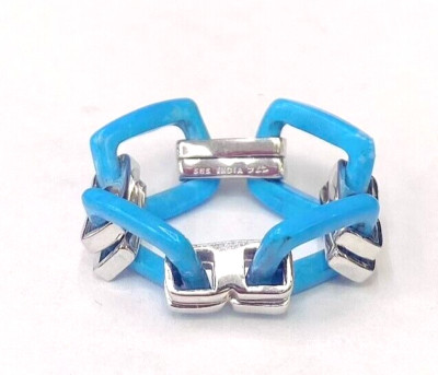 HSN Colleen Lopez Gems Sterling Silver Turquoise Link Flexible Ring Size 6