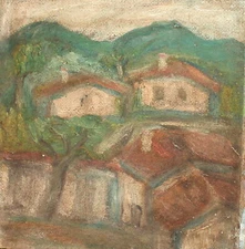 VINTAGE EXPRESSIONIST OIL PAINTING LANDSCAPE HOUSES