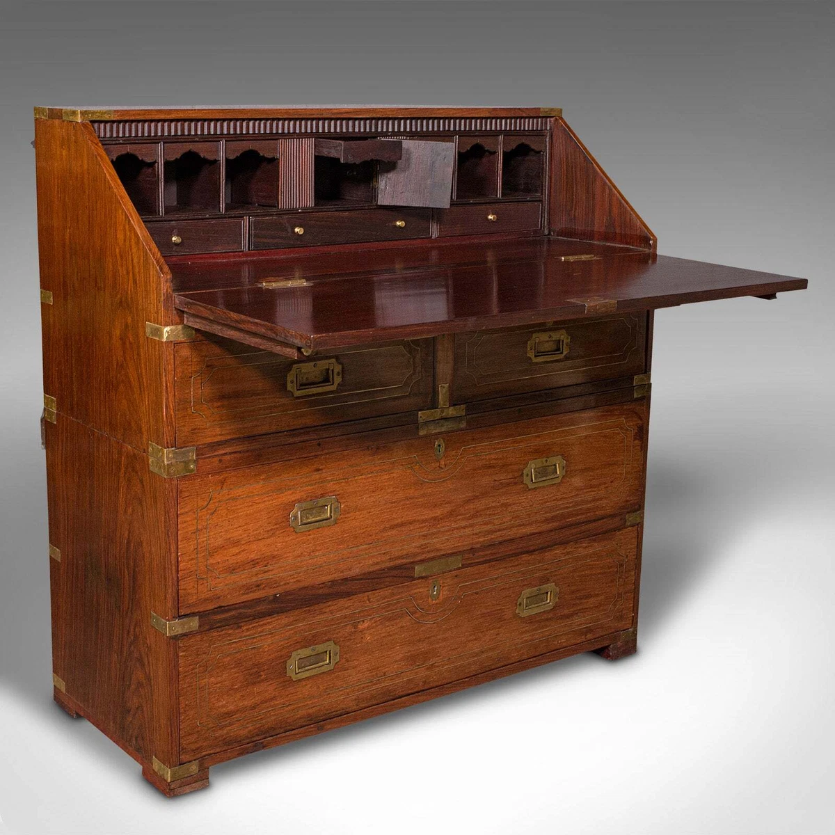Antique Campaign Bureau Anglo Indian Teak Colonial Writing Desk Victorian