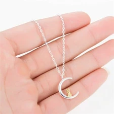Bunny Moon Necklace Sterling Silver Rabbit Crescent Moon Star Pendant Necklace