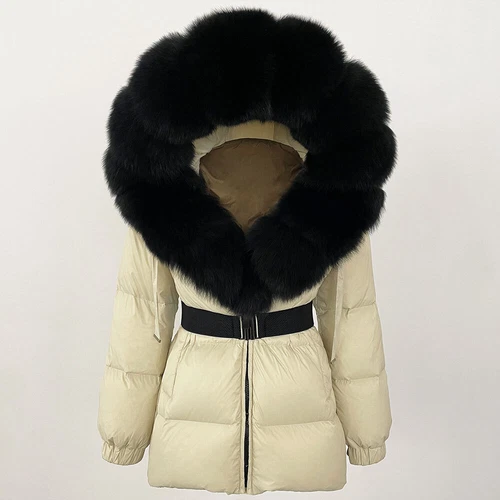 Winterjacke Damen echt Fuchspelz Kapuze dick warm weiß Entendaunenmantel - Bild 22 von 35