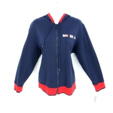 Teddi Full Zip Track Jacket Womens Size M Blue Red Accents Hooded W/ Drawstring
