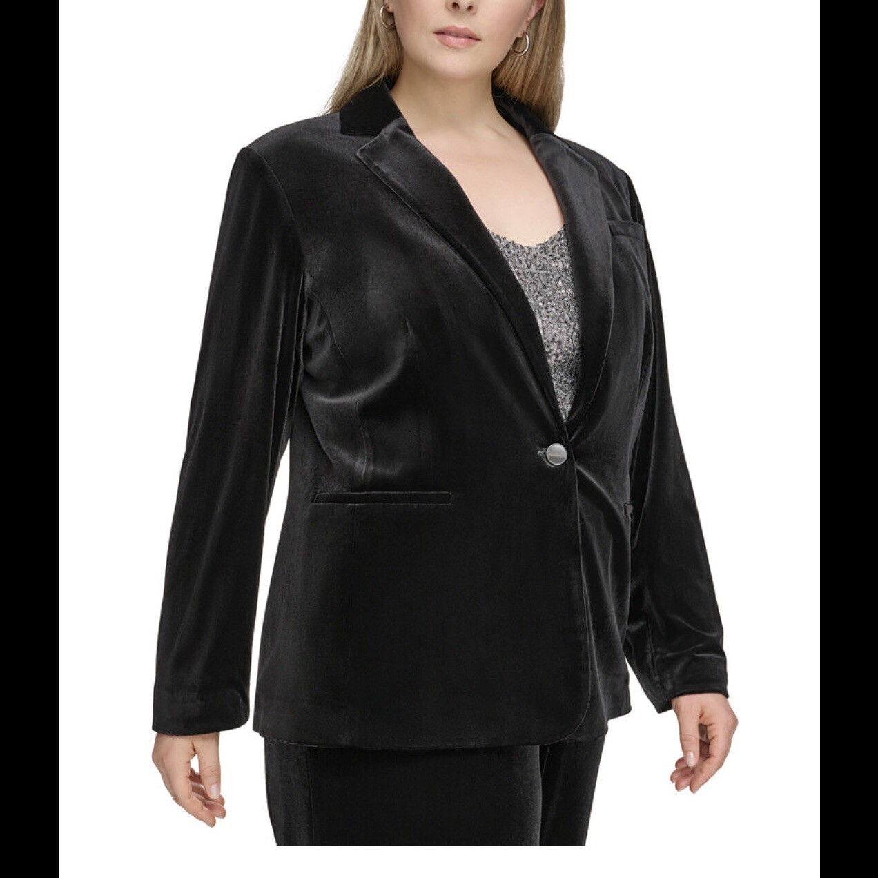 Calvin Klein Velvet Blazer Jacket Women's Plus Sz 22W Black OneButton