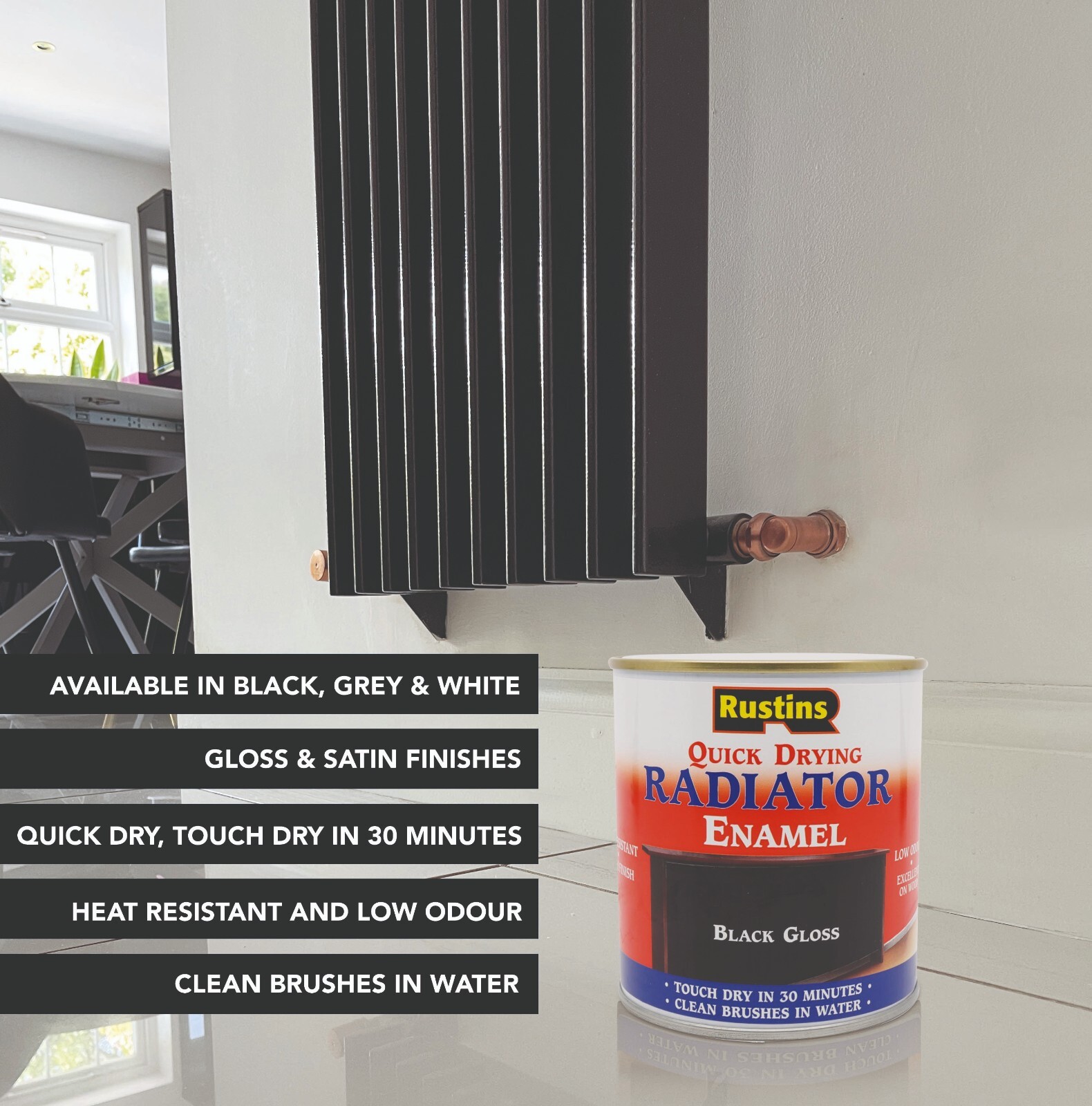 Rustins QuickDry Radiator Paint, White/Black/Grey, Gloss/Satin/Matt 250 ...