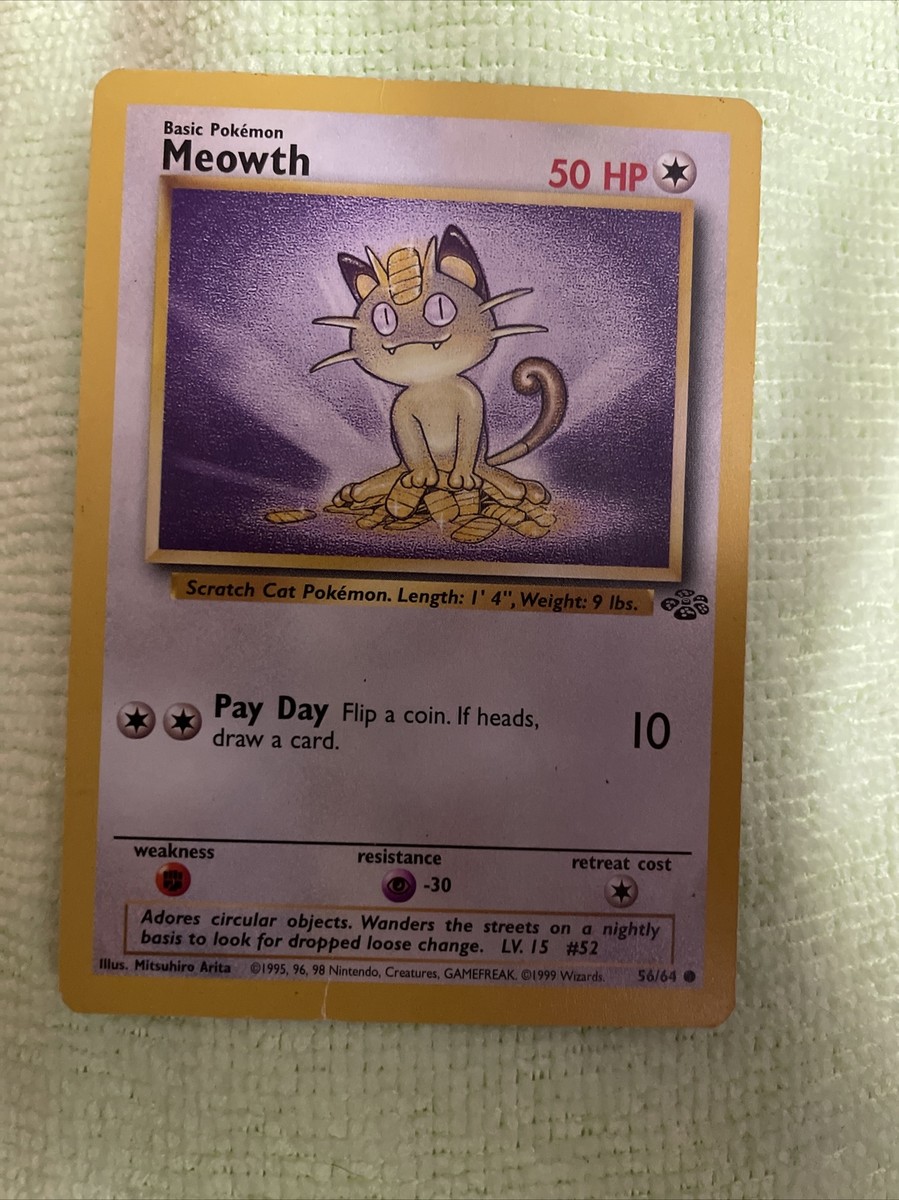 1999 meowth pokemon card value 1999 Pokemon Jungle 1st Edition 56/64 Meowth EX NM CGC 6
