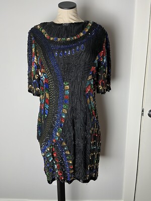 Vintage Sequin Beaded Dress Medium Jewel Tones Sillk Cocktail | eBay