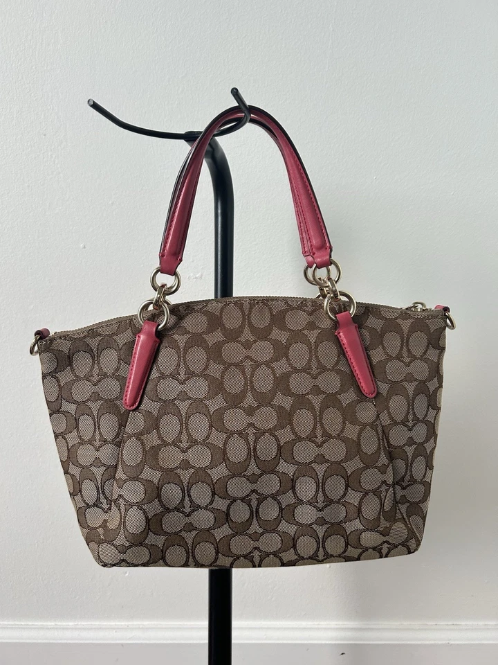 COACH F58283 Small Kelsey Pink Leather & Khaki Canvas Purse Bag w/Zipper Read - Image 2 of 4