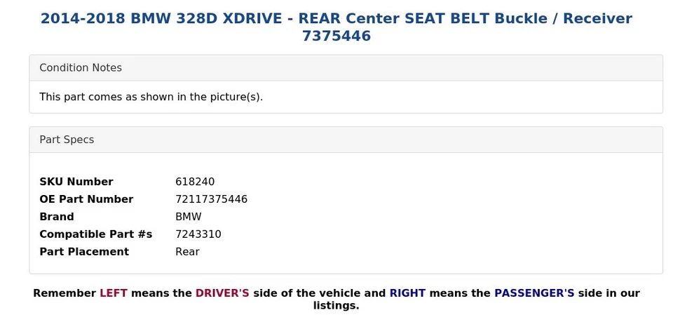 BMW 328D XDRIVE 2014-2018 - Hebilla/receptor de cinturón de seguridad central trasero 7375446 Foto 4 de 4