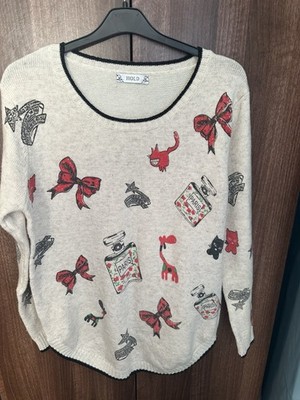 HOLD Paris Whimsical Knit Women's Jumper / Cat Bow Perfume Graphic - Size L/XL